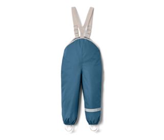 Blaue Kleinkind-Regenhose mit beige-farbenen, elastischen Trägern.