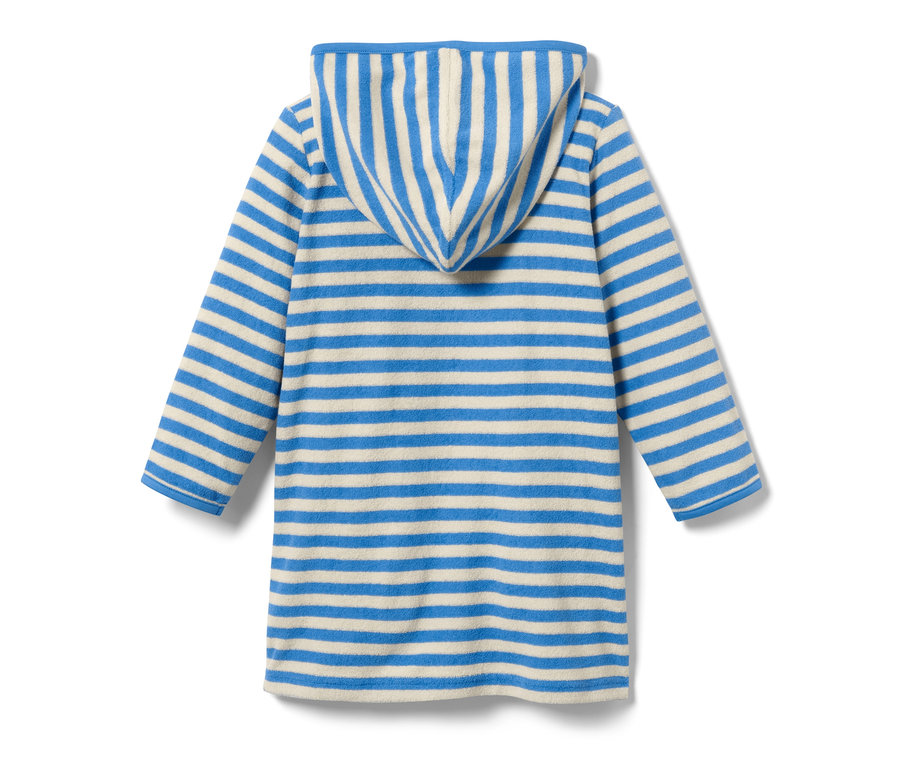 Rückansicht eines Kinder-Frottierponchos mit blauen und weißen Streifen.