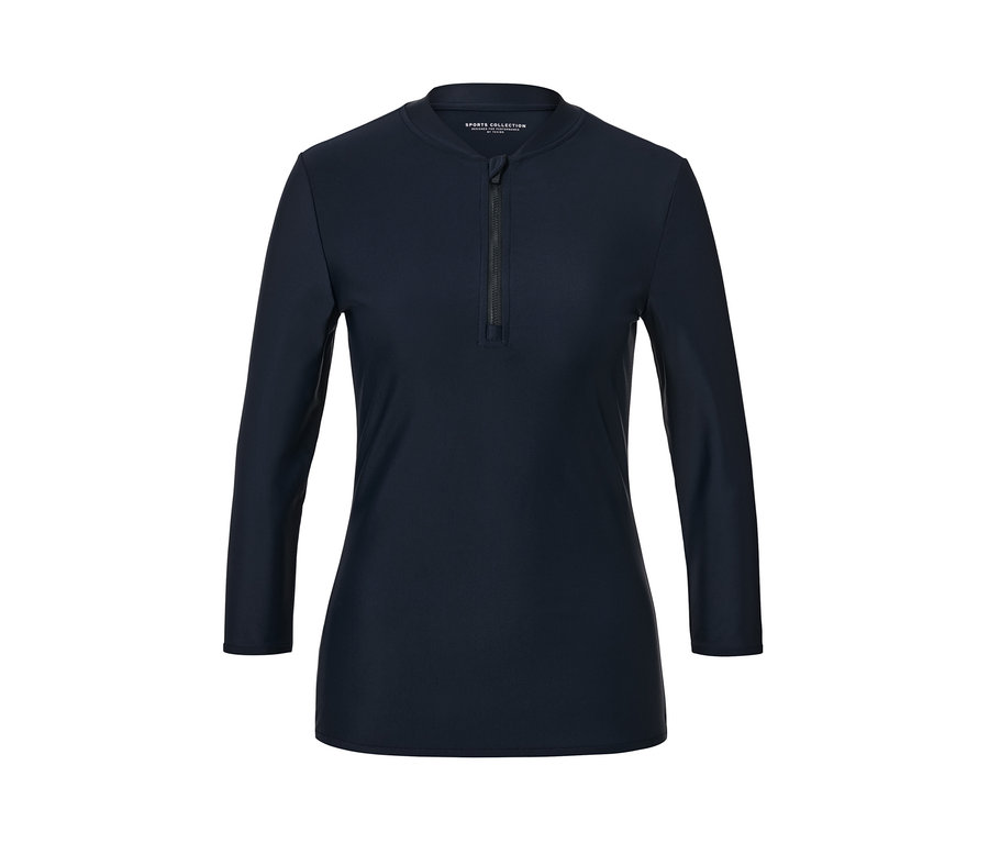 Marineblaues UV-Schutz-Sportshirt mit Dreiviertelärmeln und Reißverschluss.