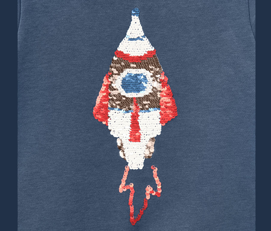 Blaues Kinder-Sweatshirt mit Rakete aus Wendepailletten.