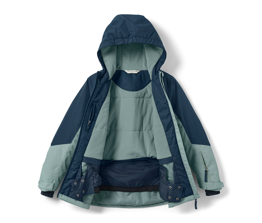 Geöffnete Kinder-Outdoor-und-Snowboardjacke in Blau und Grau mit Kapuze.