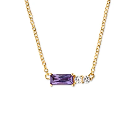 Goldene Kette mit lila, rechteckigem Stein und drei weißen Steinen.