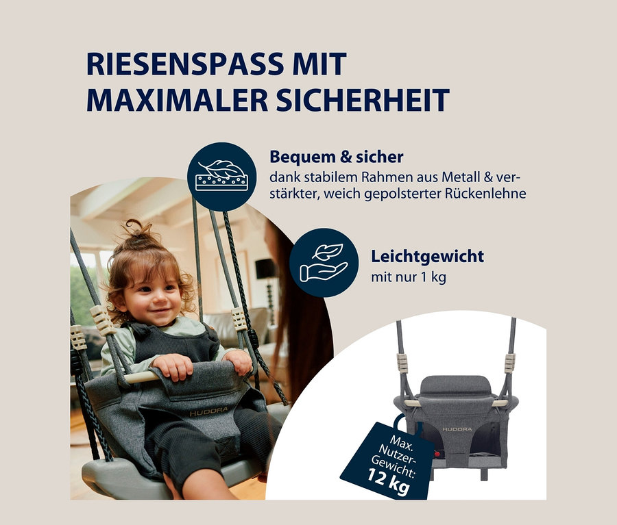 Kind sitzt in grauer HUDORA Schaukelaufsatz Toddler Schaukel.