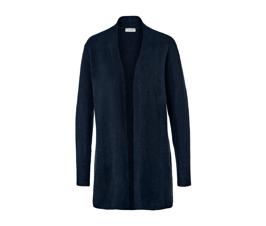 Ein offener, langer, marineblauer Cardigan.