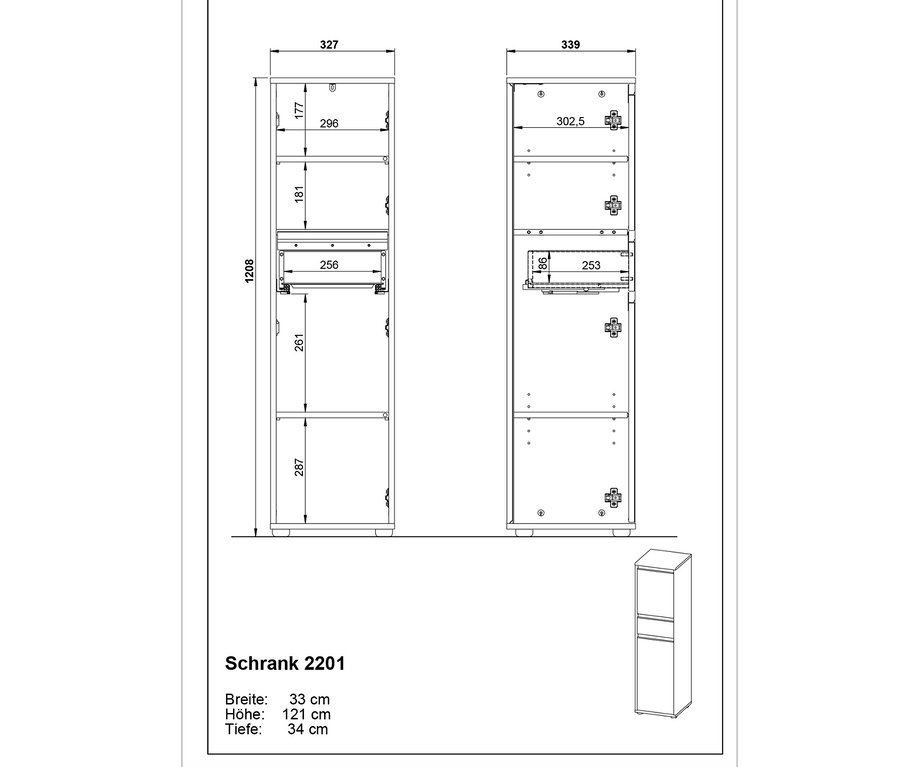 Abbildung eines graphitfarbenen Lemont Badschranks mit Maßangaben.