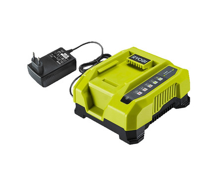 Ein gelb-schwarzes Ryobi 36 V MAX POWER Schnellladegerät »RY36C60A« mit schwarzem Netzteil.