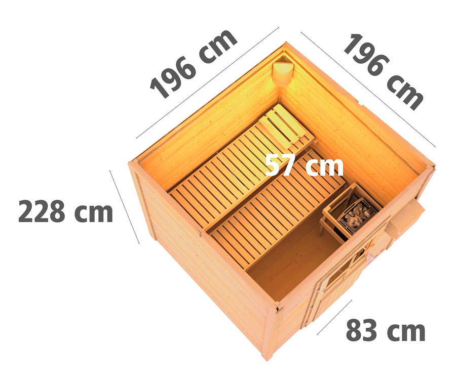 Draufsicht eines Karibu Saunahauses "Heidi" mit moderner Tür und Abmessungen.