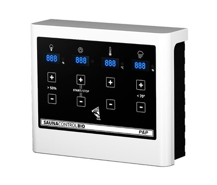 Detailansicht des Karibu Saunazubehör-Sets und Bio-Ofen Bedienelements mit Digitalanzeige.