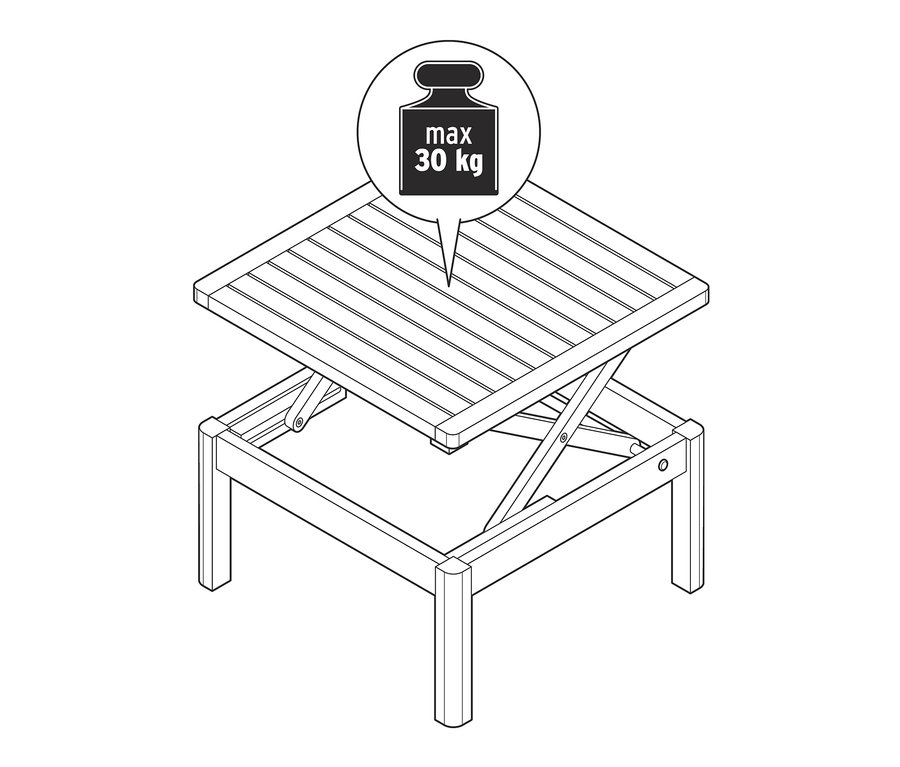 Zeichnung eines Couchtischs »Lenja« mit höhenverstellbarer Tischplatte und maximaler Tragkraft von 30 kg.
