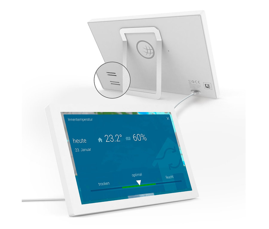Das weiße WetterOnline WLAN-Wetter Display Home 3 zeigt eine Innentemperatur von 23,2 Grad Celsius und 60 % Luftfeuchtigkeit an.