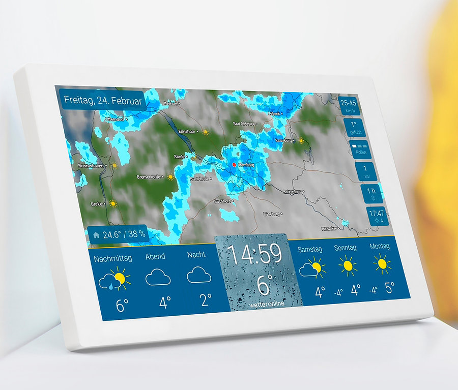 Auf dem Bildschirm wird ein WLAN-Wetter-Display Home 3 von WetterOnline mit Premium-Wetterdaten und Zusatzfunktionen angezeigt.