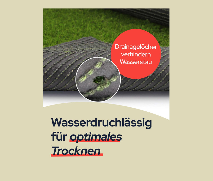 Nahaufnahme des Primaflor Kunstrasens »WOODLAND« mit Drainagelöchern.