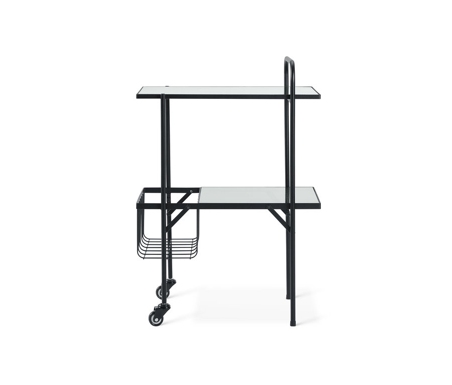 Ein schwarzer Servierwagen mit zwei Glasablagen und einem Korb.