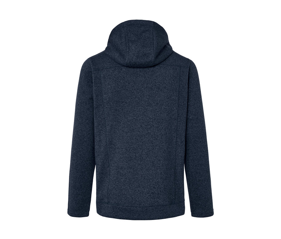 Rückansicht einer dunkelblauen Strickfleece-Jacke mit Kapuze.