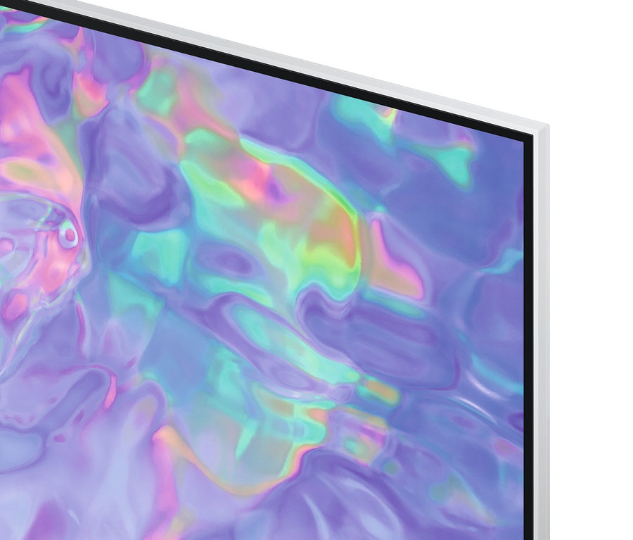 Detailansicht eines weißen Samsung Crystal UHD-4K-LED-Fernsehers.