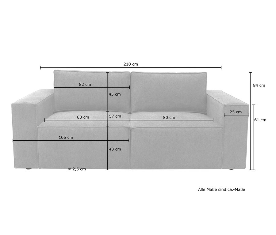 Abmessungen eines DOMO collection 2-Sitzer-Sofas »Vigo«.
