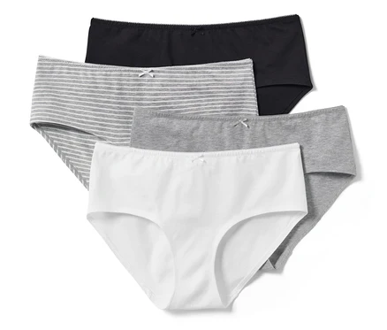 Vier Pantys in verschiedenen Farben und Mustern: schwarz, grau, grau gestreift und weiß.