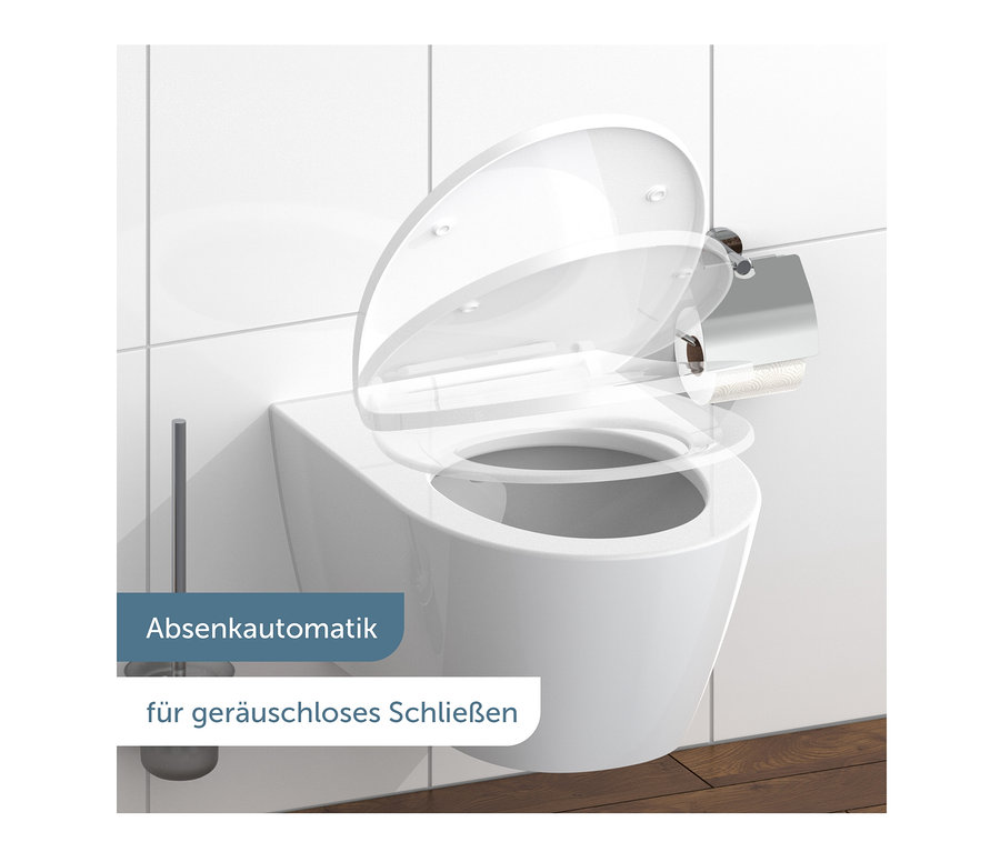 Weiße Duroplast WC-Sitz mit LED Nachtlicht mit geöffnetem Sitz.