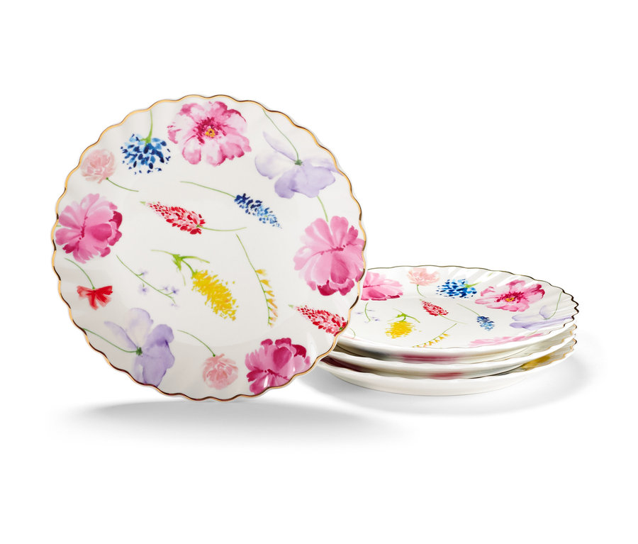 Vier Dessertteller mit Glanzgolddekor und Blumenmuster.