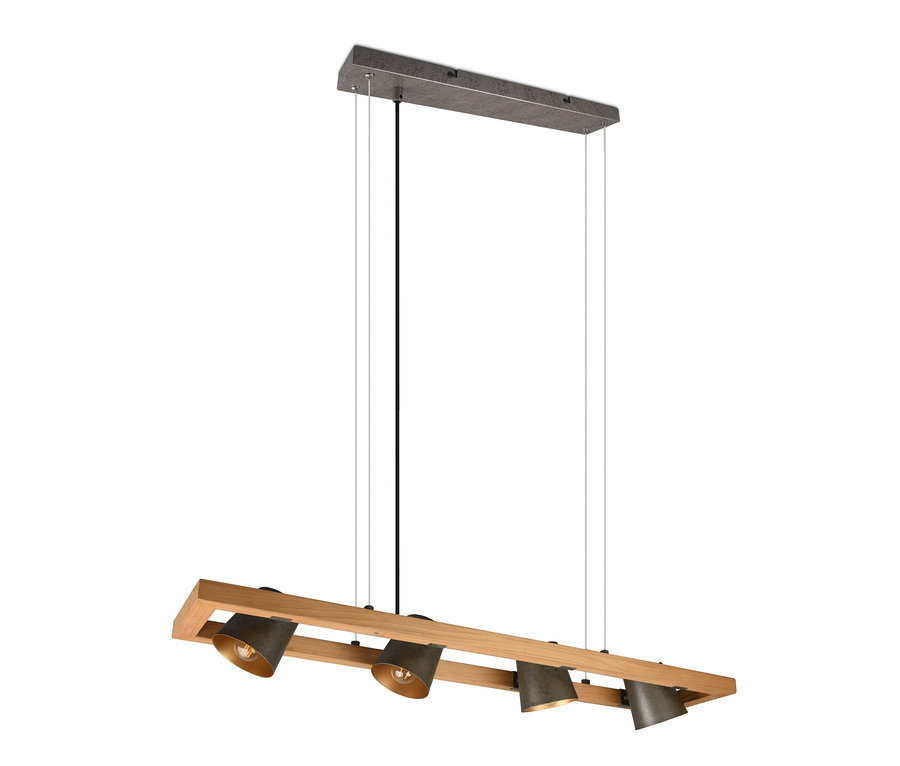 Trio Pendelleuchte »Bell«, 4-flammig mit Holzrahmen und grauen Lampenschirmen.