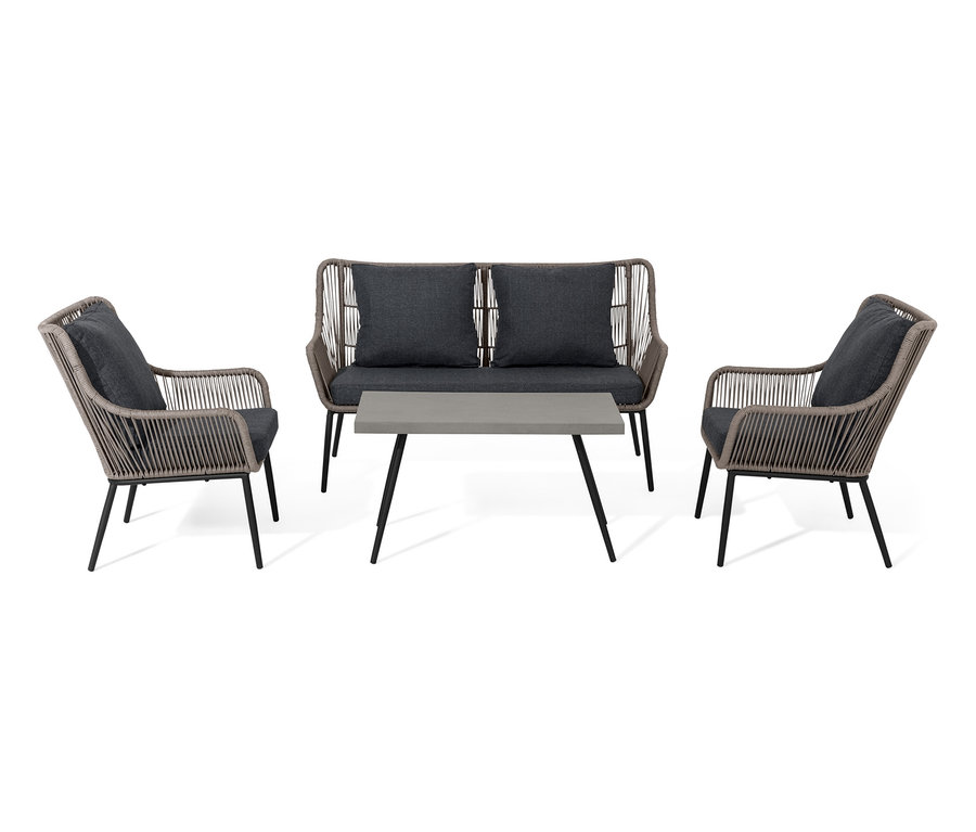 Lounge-Set mit Textilgeflecht bestehend aus zwei Sesseln, einem Sofa und Tisch.