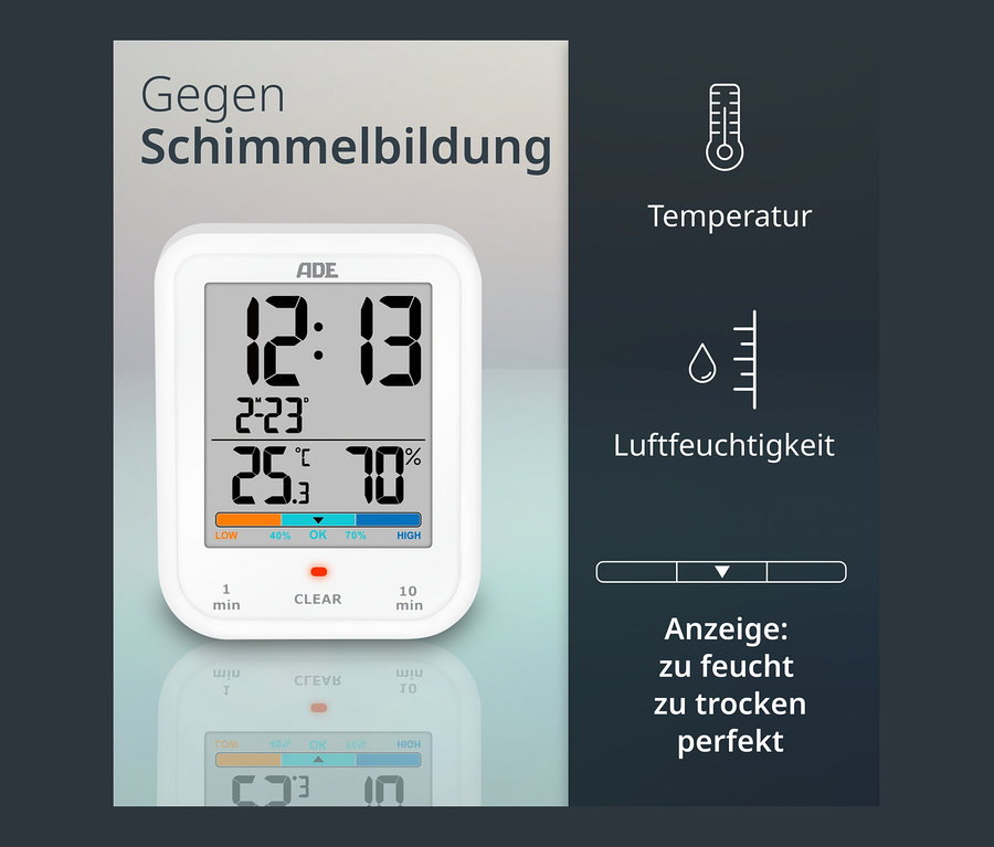 Die digitale Badezimmeruhr von ADE mit Hygrometer und Thermometer zeigt 12:13 Uhr, 25,3 Grad Celsius und 70% Luftfeuchtigkeit.