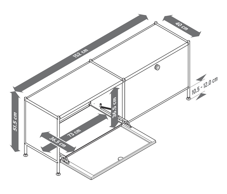 Lowboard Metall »CN3« mit 2 Klappen, eine offen, mit Maßangaben.