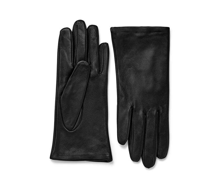 Zwei schwarze Lederhandschuhe.