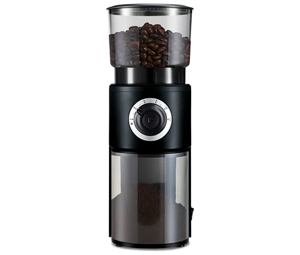 Elektrische Kaffeemühle mit Kaffeebohnen oben und gemahlenem Kaffee unten.