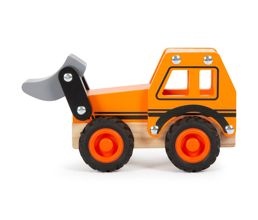 Ein orangefarbenes small foot Fahrzeuge-Set, ein hölzernes Baggermodell auf einem weißen Hintergrund.