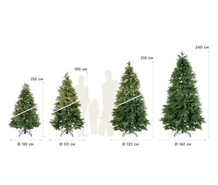 Vier künstliche Weihnachtsbäume Roswell Kiefer in verschiedenen Größen nebeneinander.