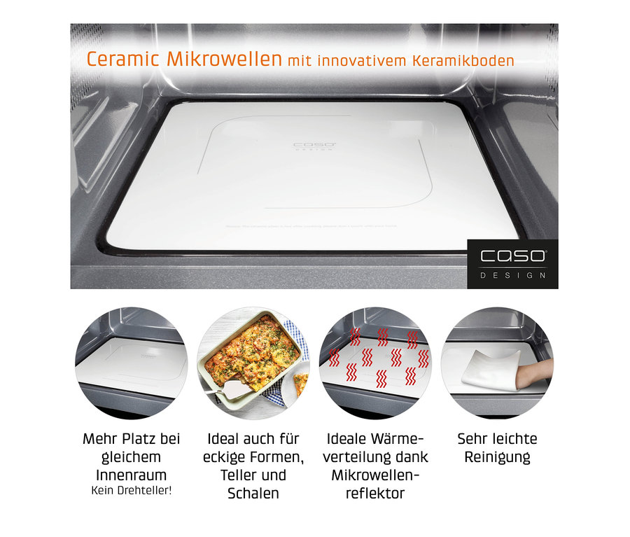 Innenansicht einer Caso Mikrowelle mit Keramikboden.