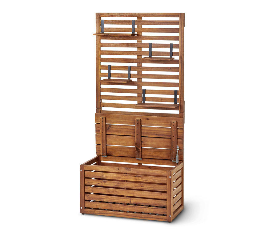 Balkonsichtschutzbank mit Stauraum aus braunem Holz.