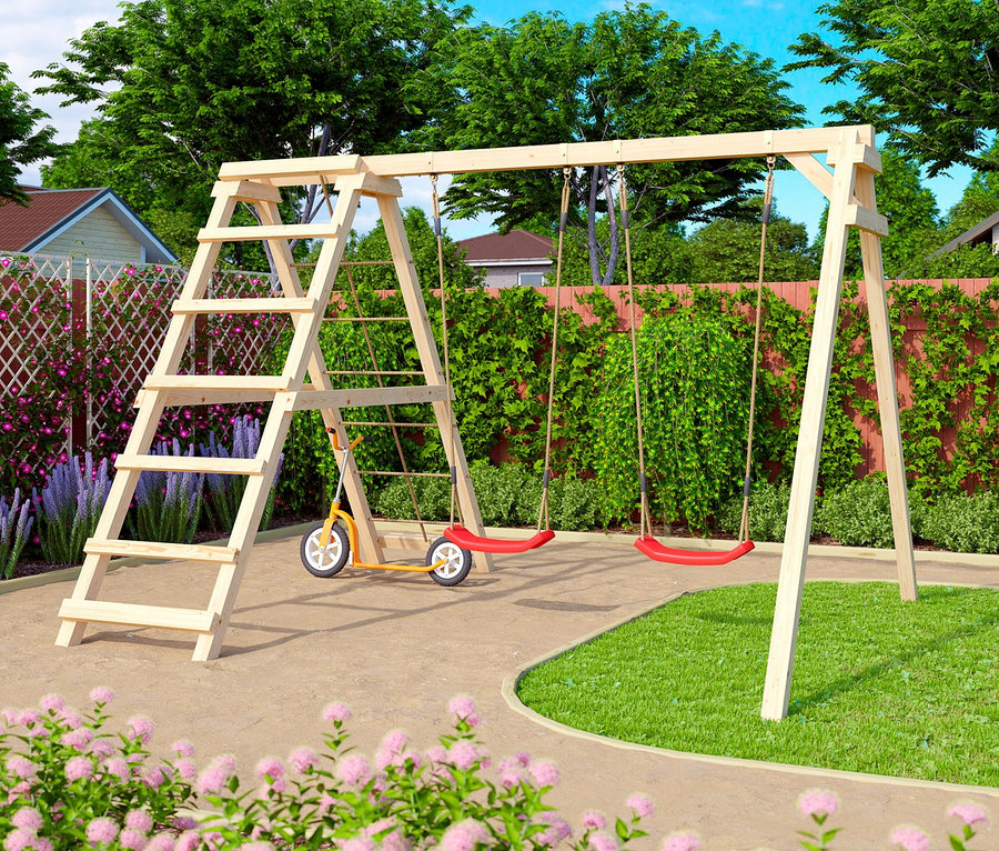 Karibu Doppelschaukel »Felix« mit Klettergerüst und Netzrampe im Garten.