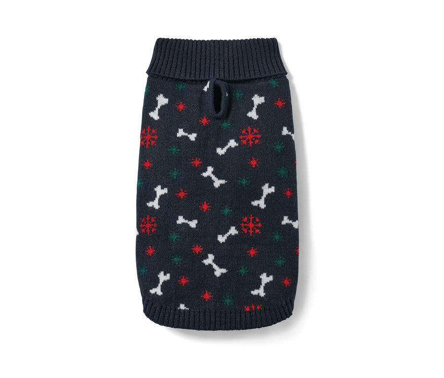 Blauer Hundepullover mit Knochen-, Schneeflocken- und Sternmuster.