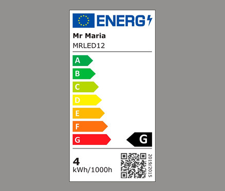 Energielabel mit den Energieeffizienzklassen A bis G und dem Namen Mr Maria.