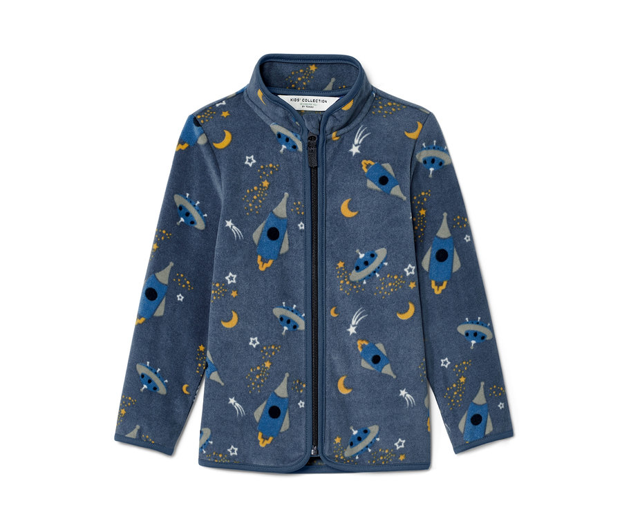 Blaue Kinder-Fleecejacke mit Weltraummotiv.