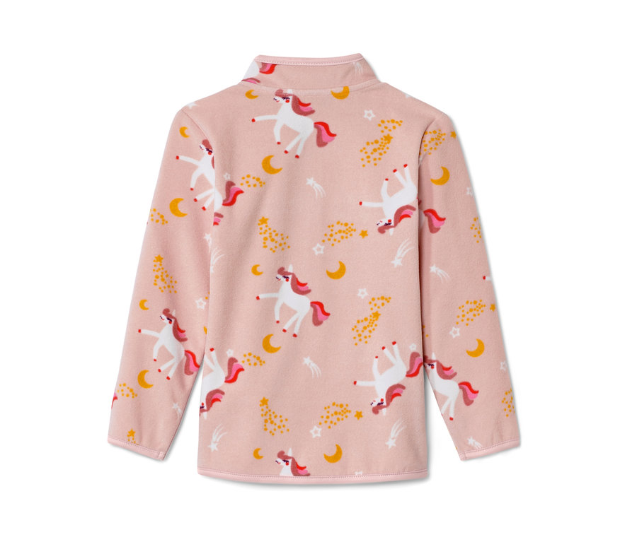Rosa Kinder-Fleecejacke mit Einhorn-Motiv.