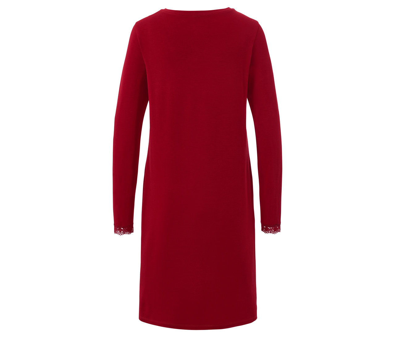 Rückansicht eines roten, gestrickten, langärmeligen Kleides.