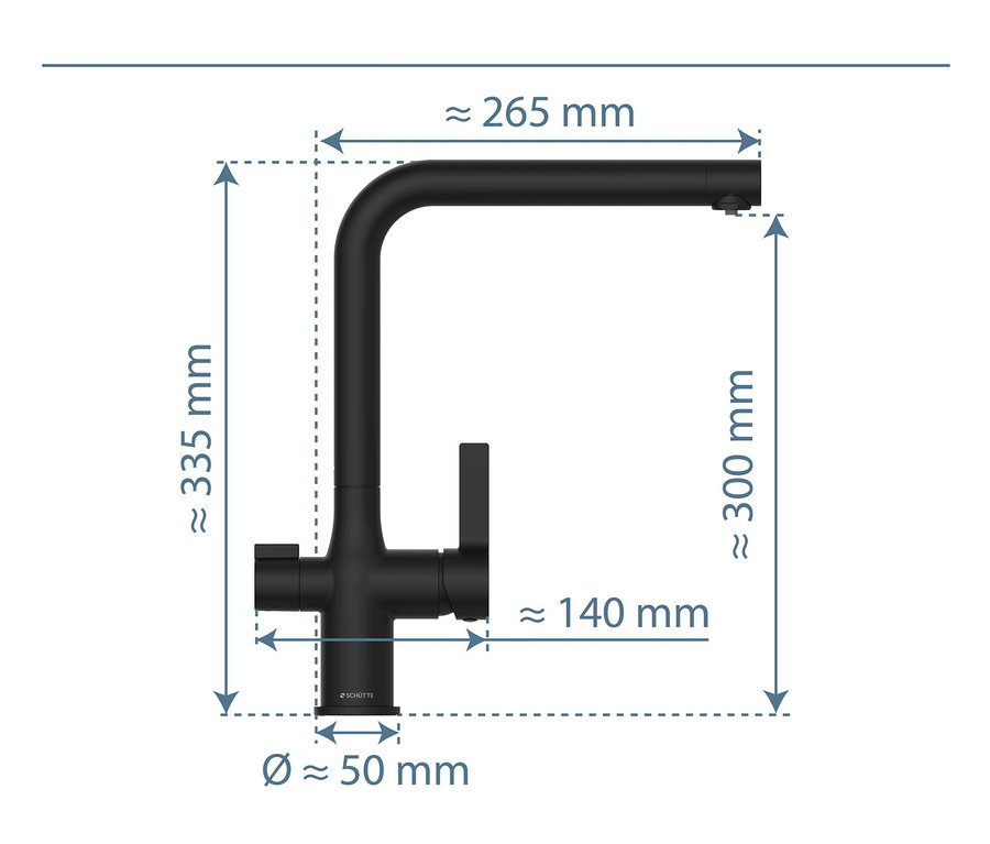Abmessungen der schwarzen Schütte AQUASTAR PRO Filterarmatur.