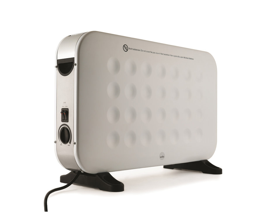 Weißes WILFA »GLOW Fan« Heizgerät, 2000W, steht auf einem weißen Untergrund.