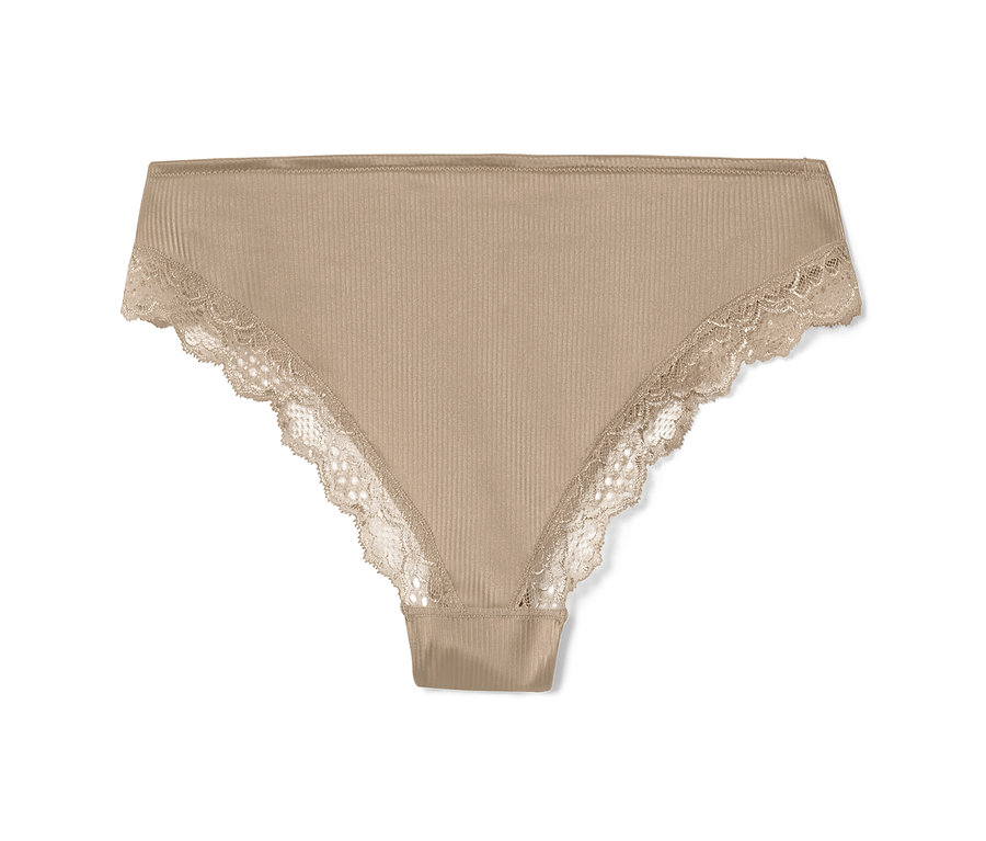 Ein einzelner beiger Brazil-Slip mit Spitze.
