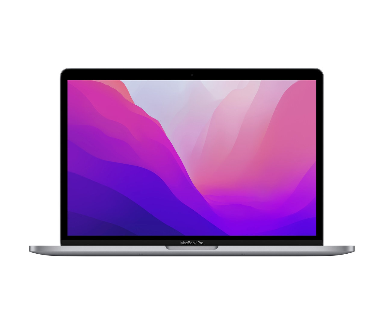 Graues Notebook mit farbigem Bildschirm. Apple MacBook Pro 13", 2022, grau.