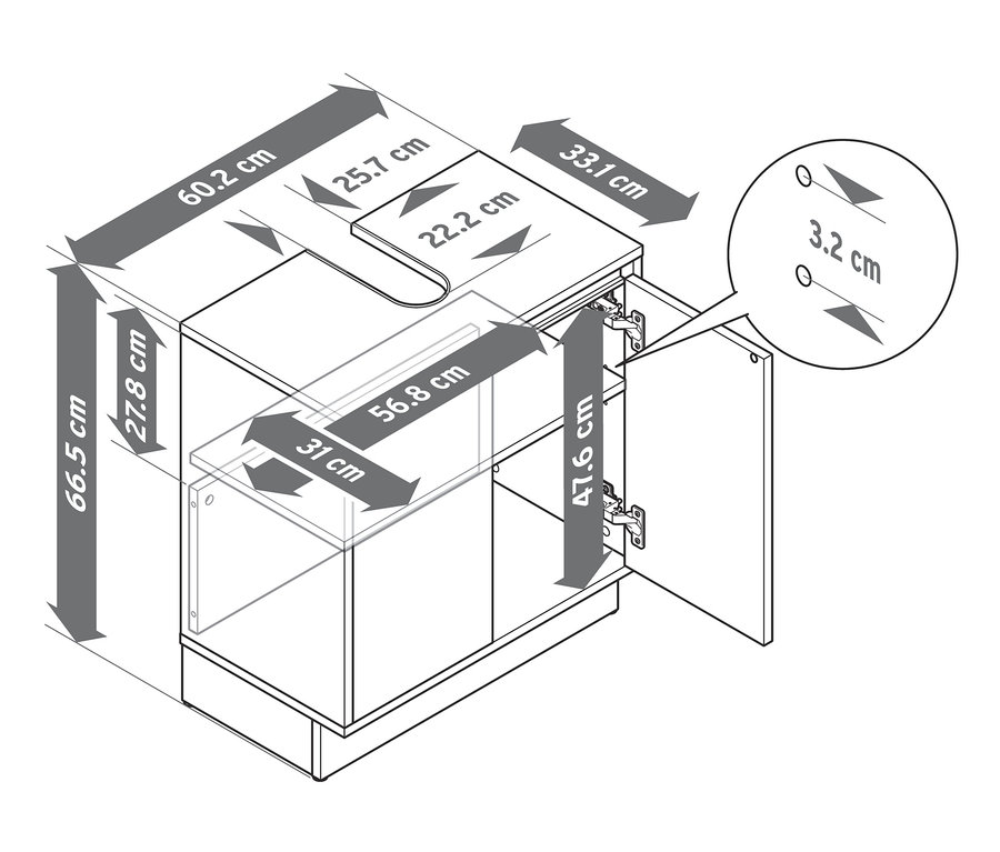 Abbildung eines weißen Waschbeckenunterschranks mit Maßangaben.