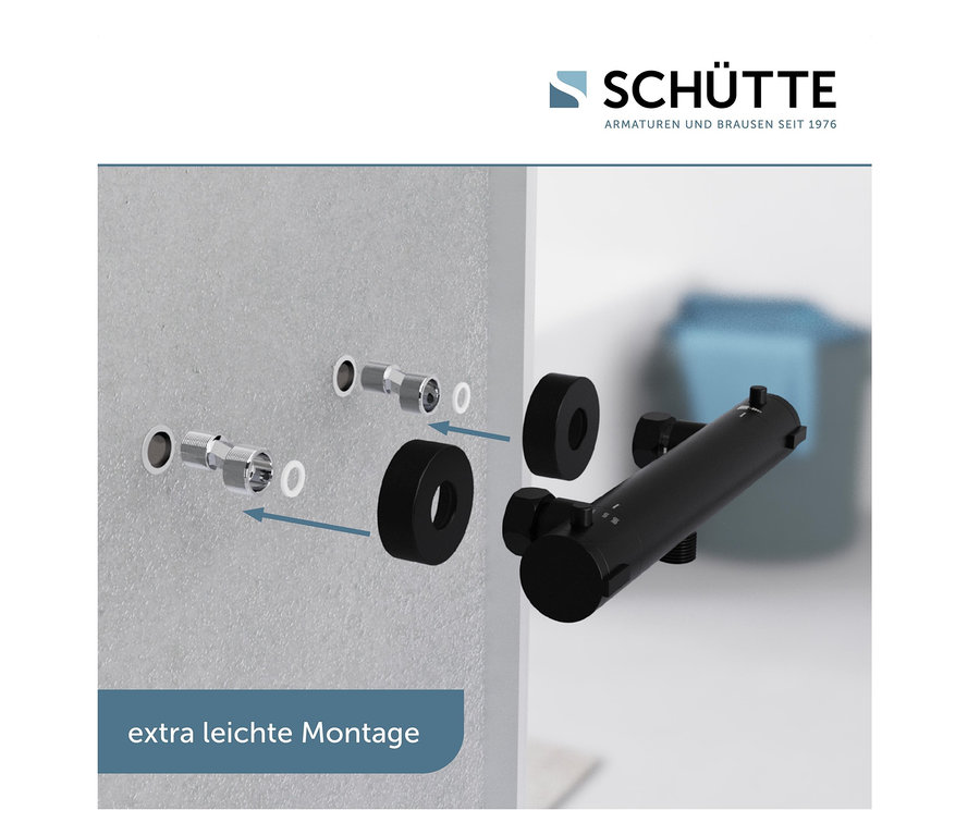 Montage einer schwarzen Thermostat-Duscharmatur »London« wird dargestellt.