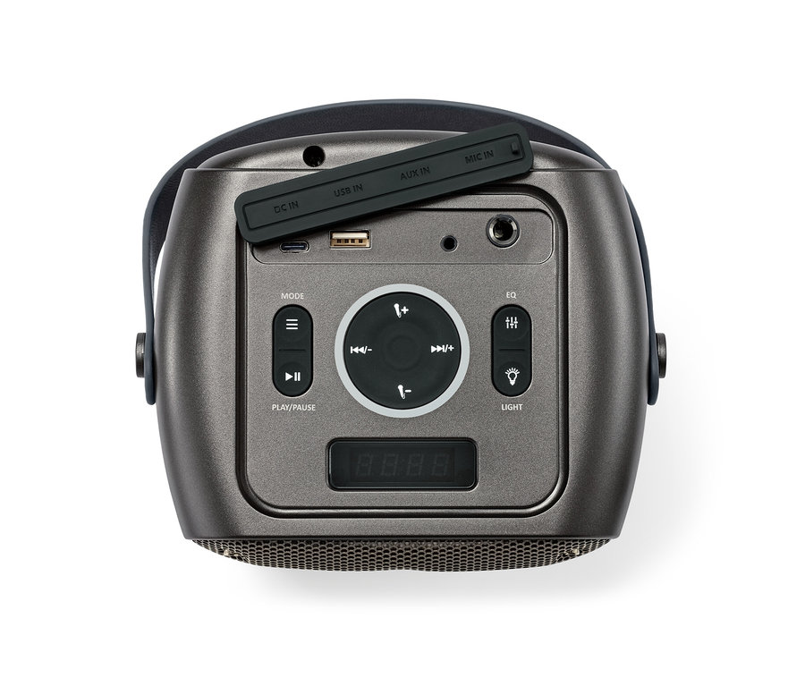 Nahaufnahme eines grauen Bluetooth® Party-Lautsprechers mit Lichteffekten, Fokus auf das Bedienfeld.