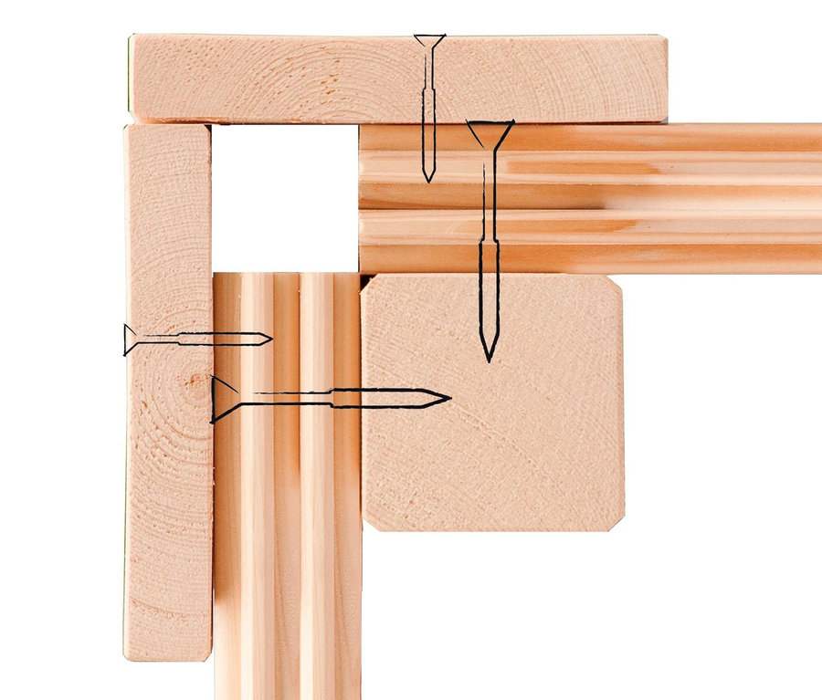 Detail einer Holzkonstruktion mit angedeuteten Schrauben. Karibu Sauna »Elli 2«