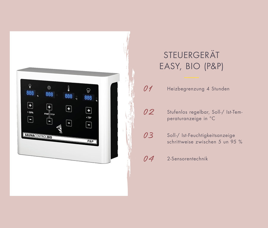 Nahaufnahme des Karibu Sauna »Irina 2« Steuergeräts mit Digitalanzeige und Tasten zur Steuerung von Temperatur, Feuchtigkeit und Licht.