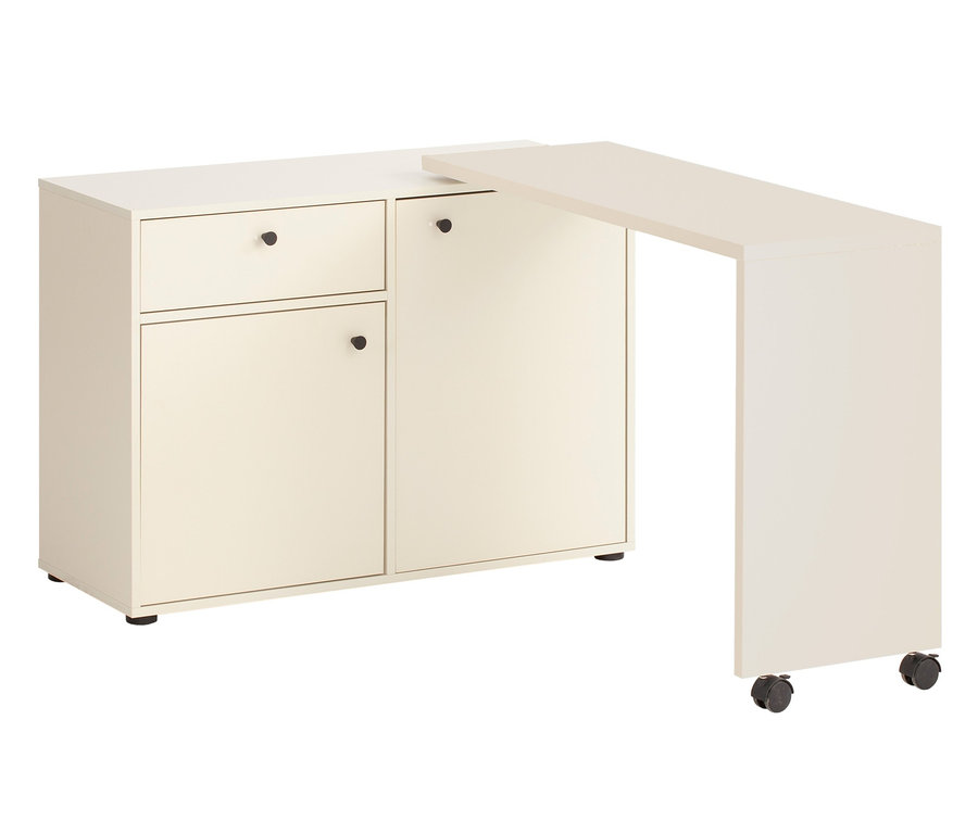 Ein beiger 2-in-1-Drehtischschrank »Lovund« mit einer Schublade, einer Tür und einer ausziehbaren Platte auf Rädern.