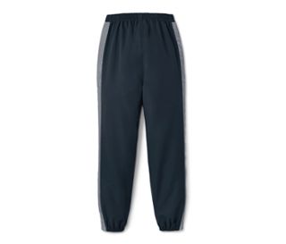 Dunkelblaue Kinder-Regenhose mit grauen Streifen an den Seiten.